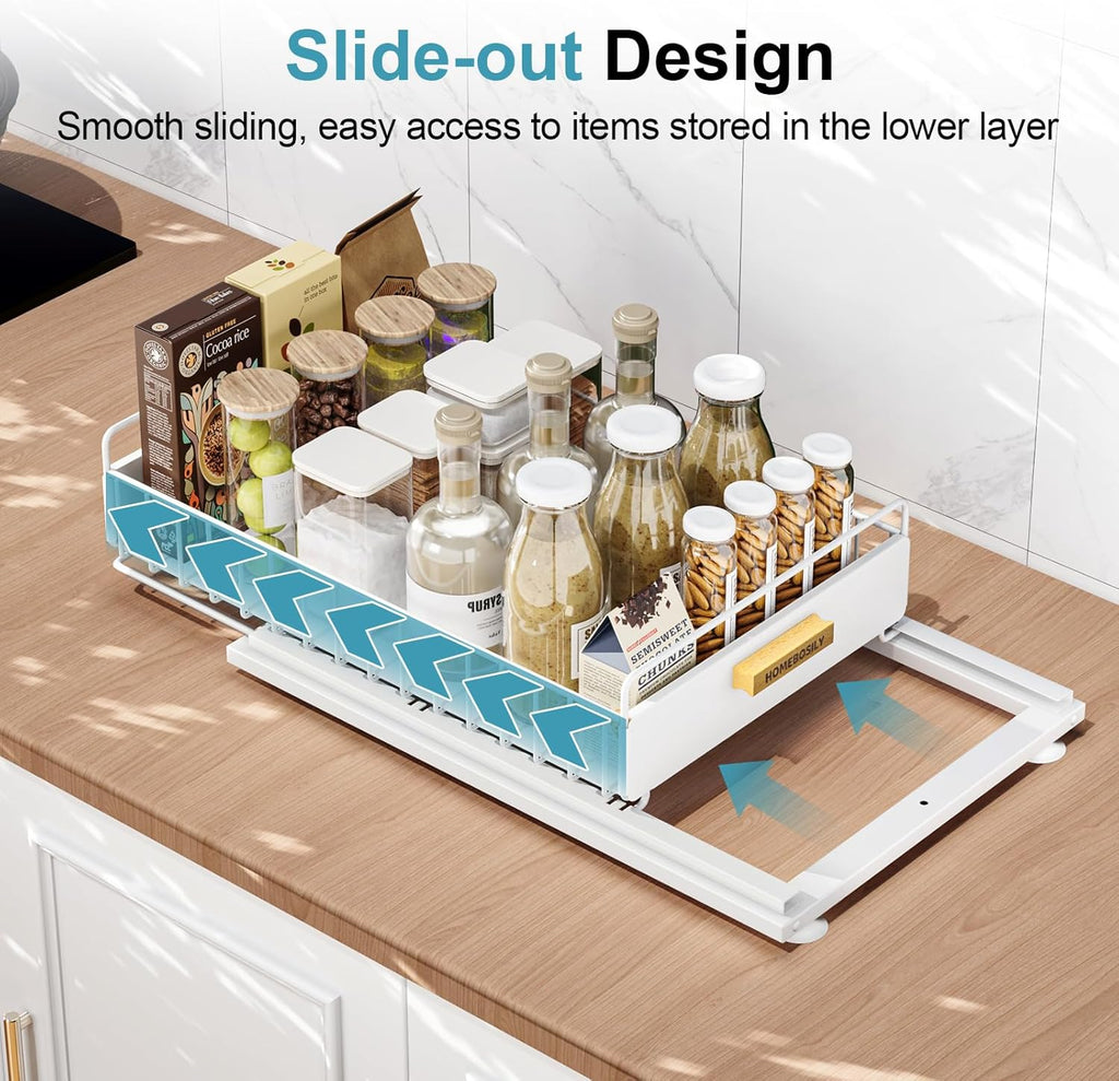 Under Sink Organizer, 2 Pack Pull Out Kitchen Cabinet Organizer, Mute Slide-Out Under Sink Organizers and Storage, Metal Kitchen Bathroom Organizers and Storage Shelves, White