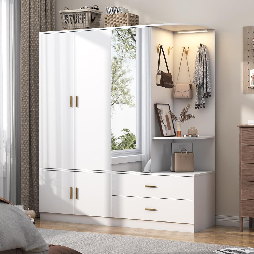 XVD Armoire Wardrobe Closet with Mirror & Sensor Light, Bedroom Armoire w...