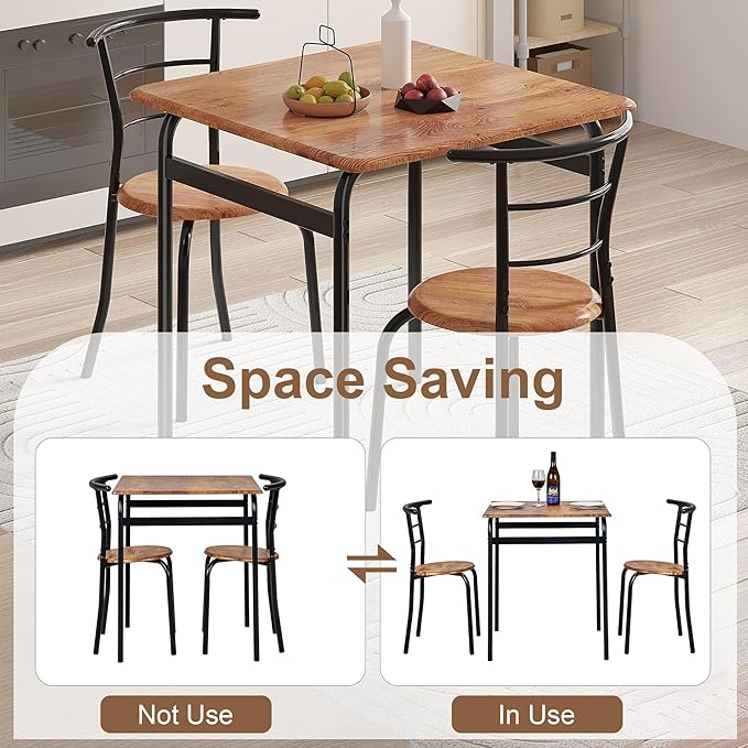VECELO Dining Table Set for 2, 3-Piece Modern Dinette with Chairs for Small Space, Kitchen, Breakfast Nook, Brown