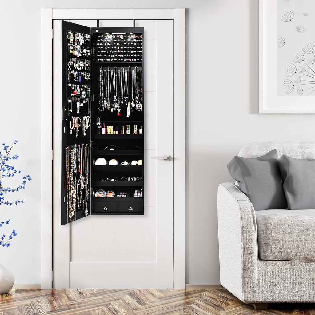 Byroce 47.5''H Jewelry Armoire, Over the Door/Wall Mounted, Full Length Mirror with Jewelry Storage, 2-LED Lockable Jewelry Cabinet with 2 Drawers, Hanging Jewelry Organizer for Bedroom (Black)