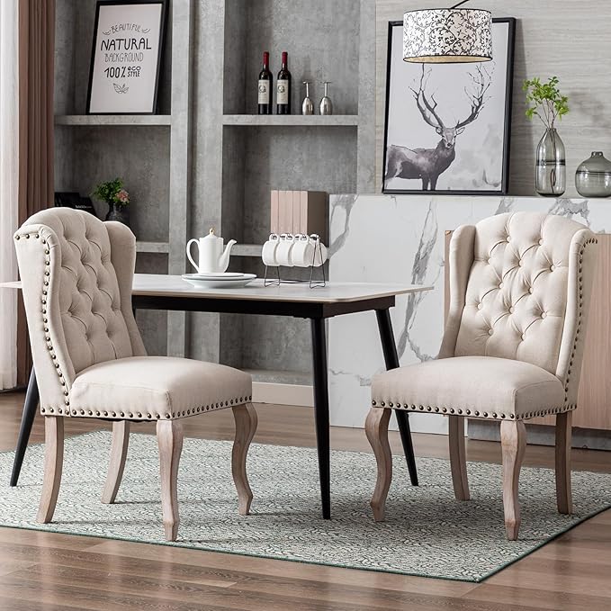 Upholstered Dining Chairs Set of 6 for Kitchen and Dining Room, Farmhouse Fabric Tufted Accent Chairs for Living Room and Bedroom with Wooden Legs, Cream