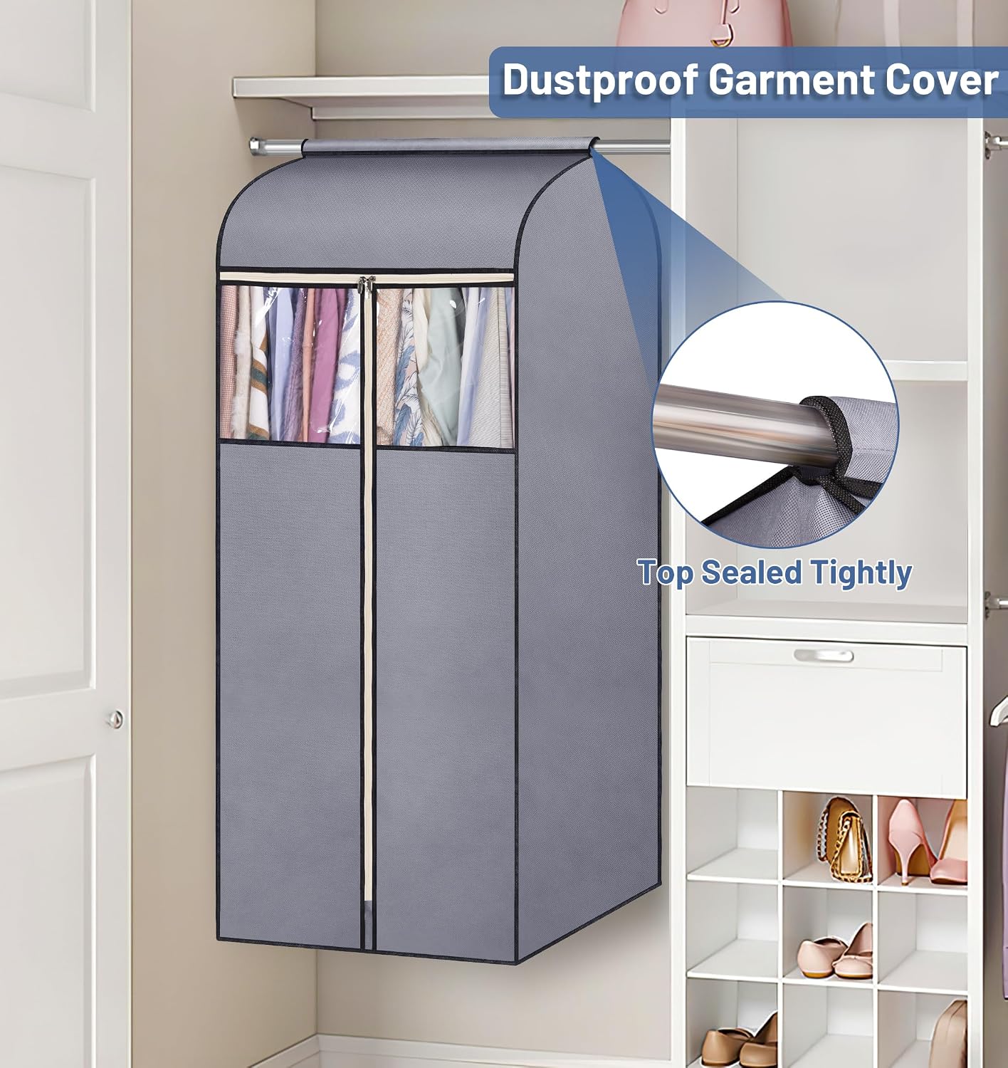 SLEEPING LAMB 54'' Hanging Garment Bags for Closet Storage Sealed Completely Jackets Coats Suits Clothes Rack Cover for Wardrobe with Clear PVC Window, 2 Packs, Grey(Hanging Rod Not Included)