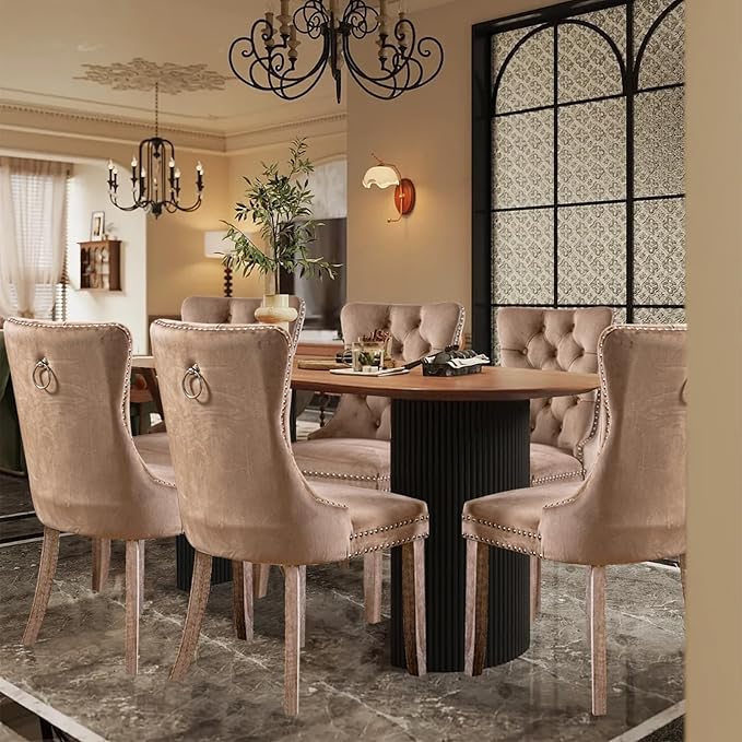 Velvet Upholstered Dining Chairs Set of 6, Modern Style Kitchen Side Chairs with Nailhead Trim and Wood Legs,Metal Pulling Ring for Dining Room Living Room(Khaki,Set of 6)