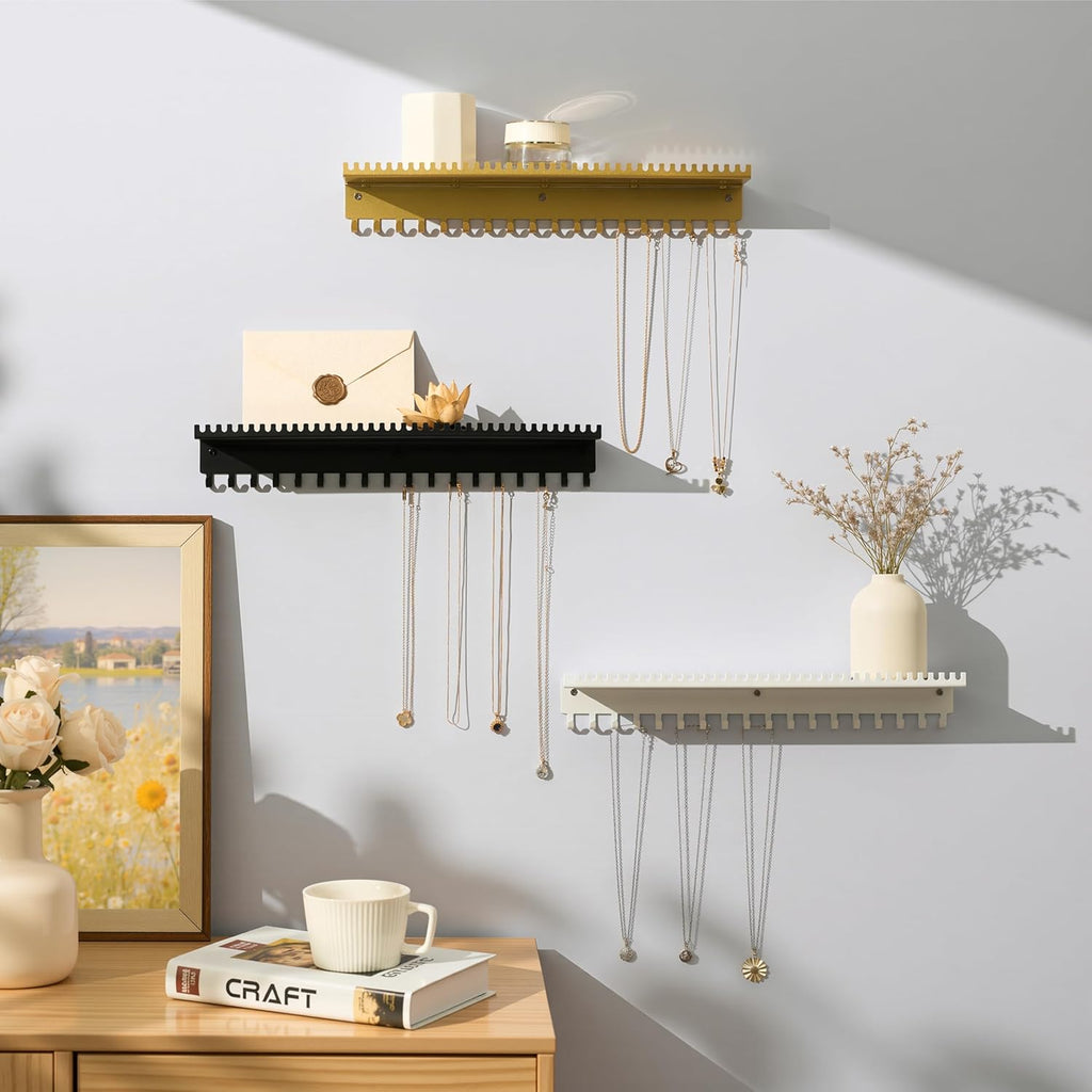 Necklace Holder Wall Hanging Organizer: Wall Mounted Jewelry Shelf with 56 Hooks and Tray, Display Hanger for Kids, Girls and Women, White & Metal