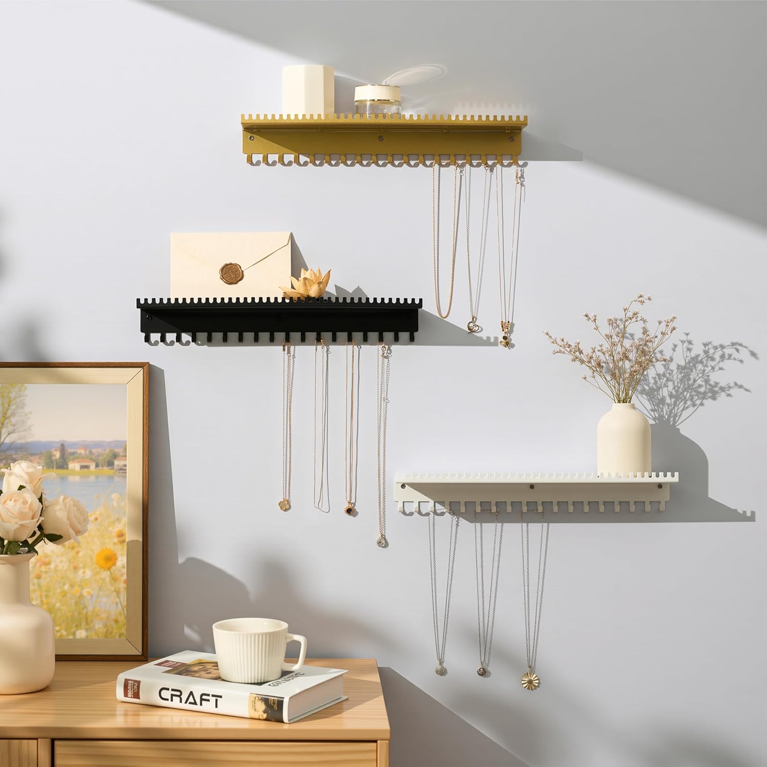 Necklace Holder Wall Hanging Organizer: Wall Mounted Jewelry Shelf with 56 Hooks and Tray, Display Hanger for Kids, Girls and Women, White & Metal