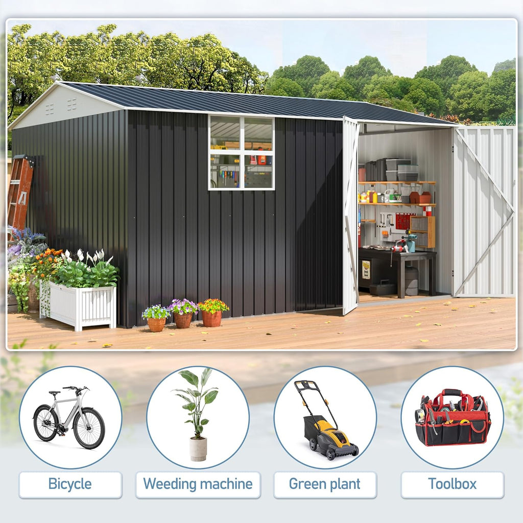 10x12 FT Outdoor Metal Storage Shed with Window, Large Lockable Metal Garden Tool Shed with Heavy-Duty Frame for Backyard, Patio, and Lawn, Black