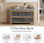Zihanhome Shoe Rack Bench with Cushion, 2 Tier Solid Wood Storage Bench, Mid-Century Modern Shoe Bench for Entryway, Hallway, Closet, Front Door Entrance, Foyer (Grey, 31.5")