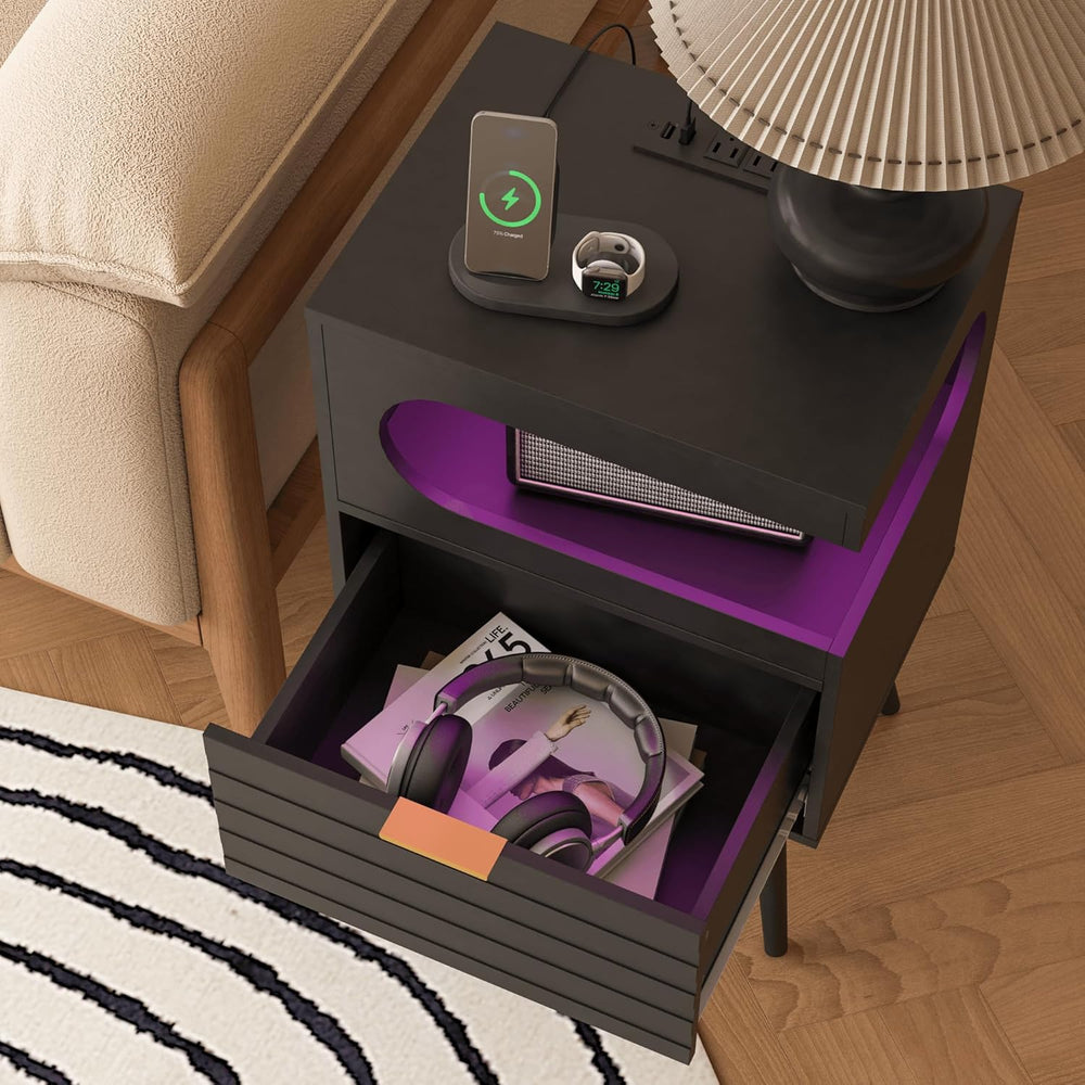 Veegle Nightstand,Modern Bedside Table with Storage Drawer and Open Wood Shel...