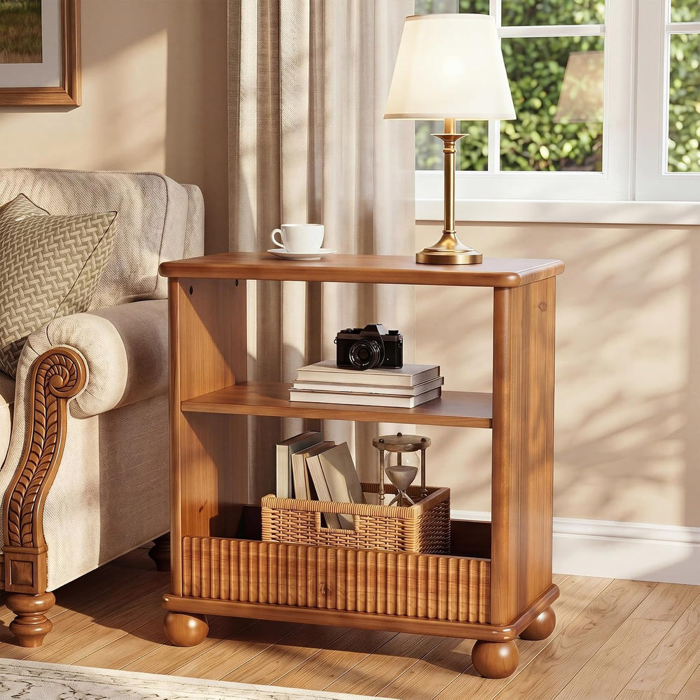 3-Tier Solid Wood End Table with Storage Shelf for Living Room | Farmhouse Ru...