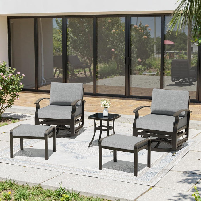 Gotland 5 Piece Patio Set, Aluminum Outdoor Swivel Chairs Set of 2 with 2 Ottoman 5.1’’ High-Resilience Seat Cushions Tempered Glass Coffee Table Removable Cushions, Metal Patio Furniture Set, Grey