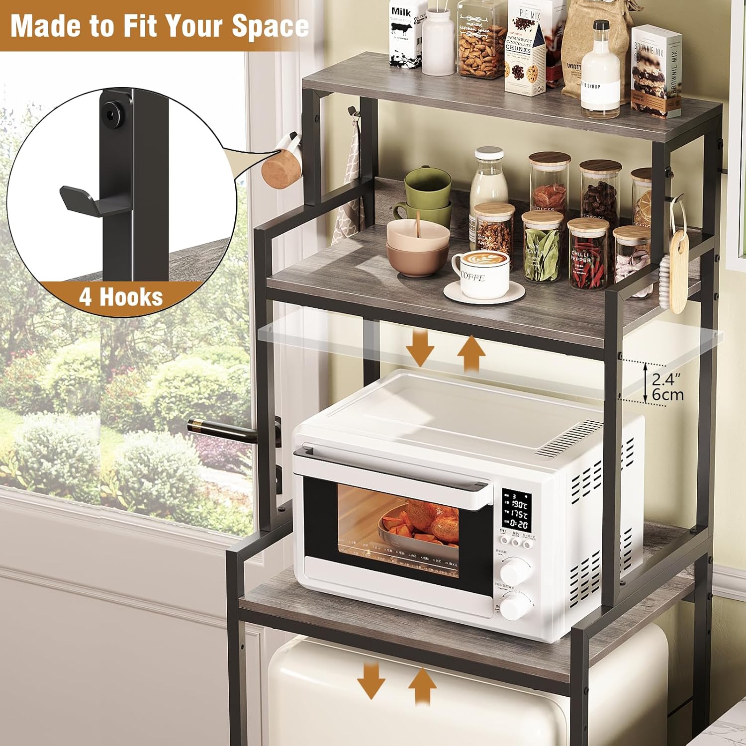 3-Tier Kitchen Bakers Rack with Adjustable Shelves, Freestanding Kitchen Microwave Stand with Storage, Split Design Coffee Bar Shelf for Home Office (Black Oak, 25.6")