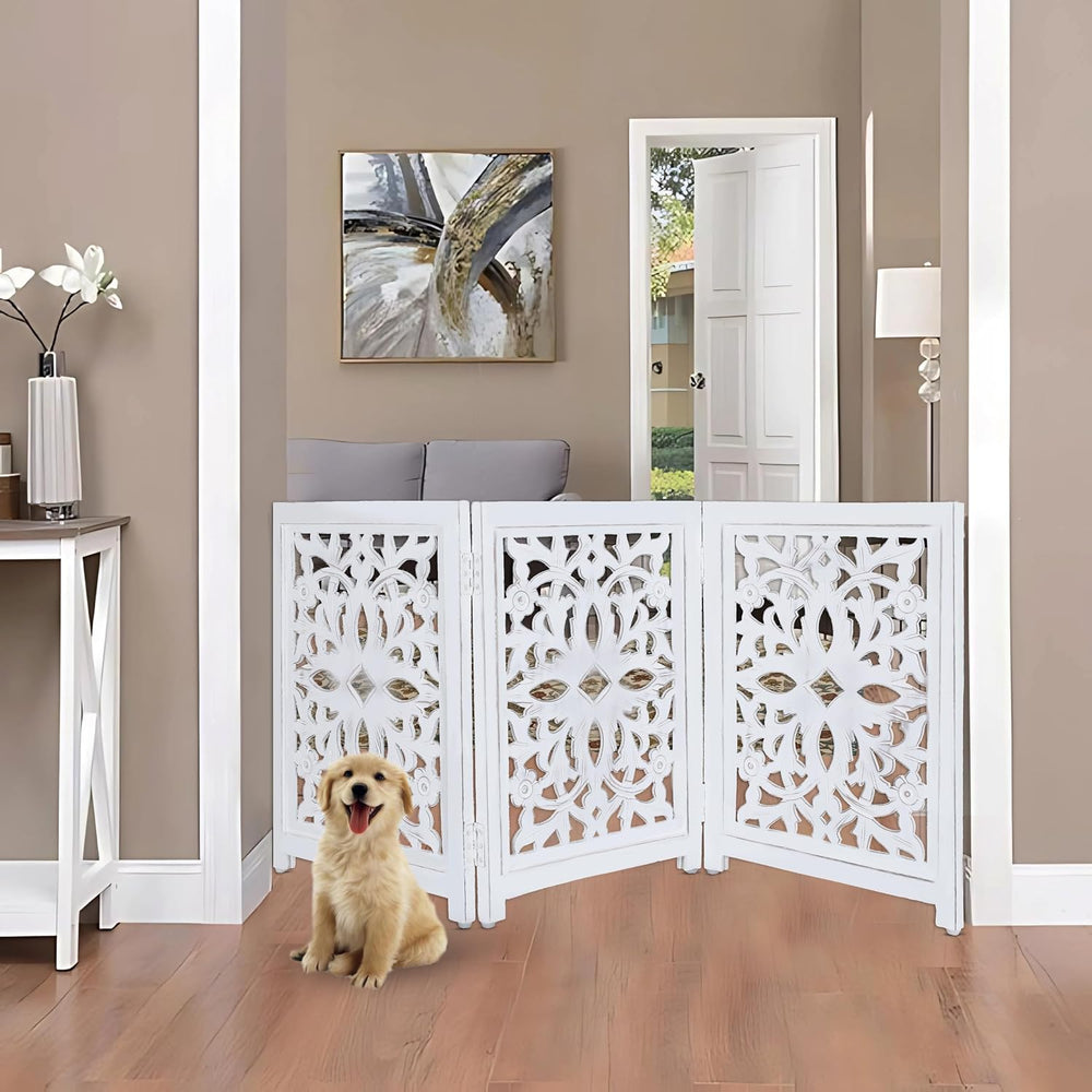 Lightnpro Wooden Pet Gate – Decorative Carved Foldable Dog Fence, Extra-Wide ...