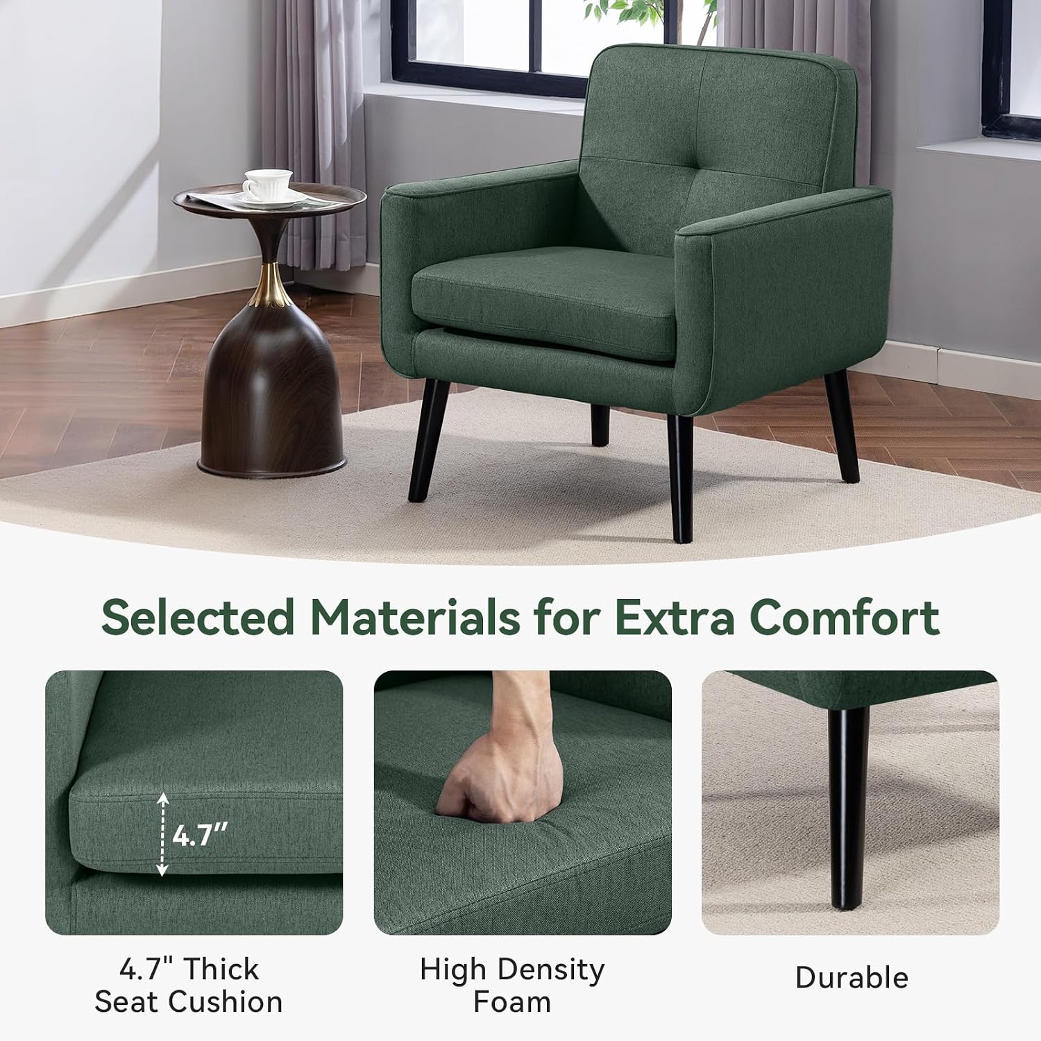 Mid Century Modern Accent Chair, Fabric Reading Armchair, Green | 300LBS Capacity, Padded Seat, Stain-Resistant Fabric, Sturdy Wood Frame, Easy Assembly, Ideal for Living Room & Bedroom
