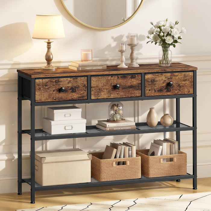 SONGMICS Console Table, Narrow Sofa Table with 2 Mesh Shelves | For Entryway, Living Room, 3 Fabric Drawers, Rustic Brown, BELLAH Collection ULGS098K101