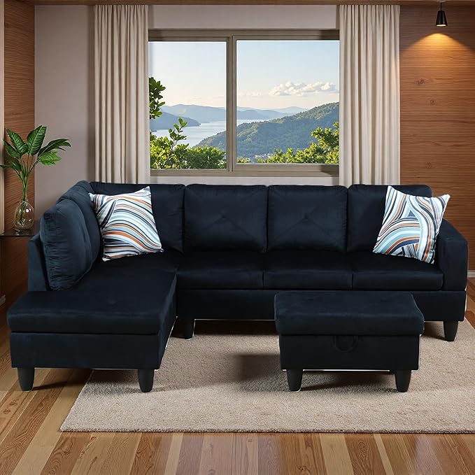 Sectional Couches for Living Room with Movable Chaise & Storage Ottoman - 97.5" Velvet L Shaped Couches for Living Room Apartment, 4 Seat Home Furniture Modular Sectional Sofas, Black Blue