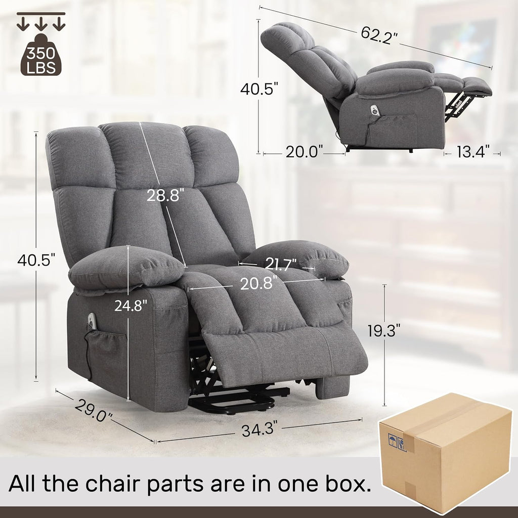 jonpony Power Lift Recliner Chair for Elderly, Big and Tall Lift Chair with Massage and Heat for Living Room, Fabric Electric Recliner Chairs with Side Pocket, USB Charge Port Grey