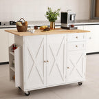 HOMREST 50.4" Kitchen Island with Drop Leaf & Power Outlet, Farmhouse Rolling Island Cart with 3 Spices Shelves on Wheels, Mobil Kitchen Island Table with Rubberwood Countertop Towel Rack, White