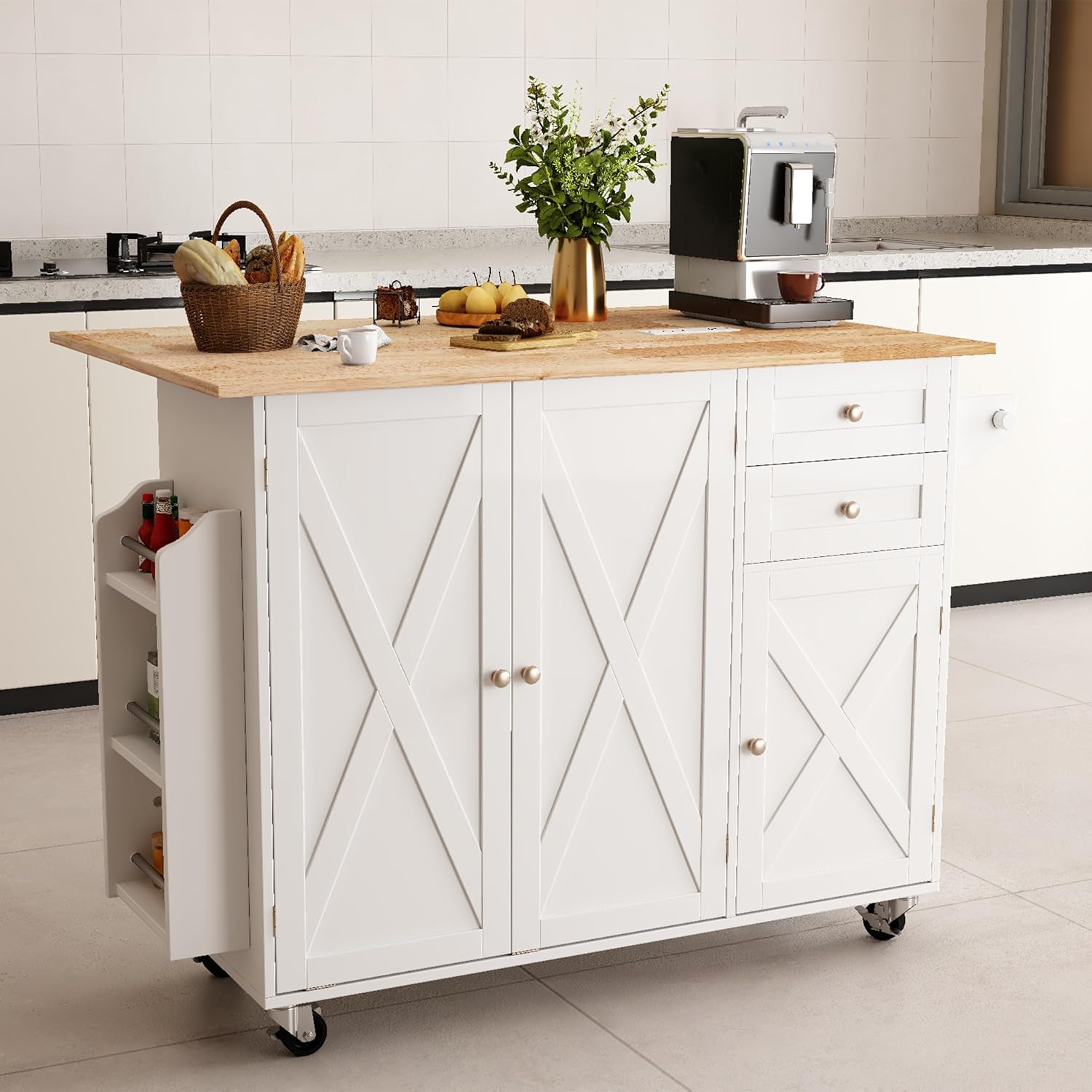 HOMREST 50.4" Kitchen Island with Drop Leaf & Power Outlet, Farmhouse Rolling Island Cart with 3 Spices Shelves on Wheels, Mobil Kitchen Island Table with Rubberwood Countertop Towel Rack, White