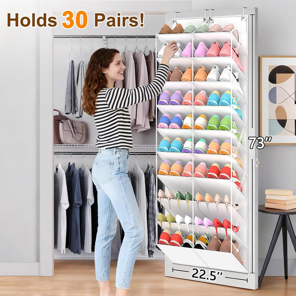 UVIAHOMI 20-30 Pairs Over the Door Shoe Organizer, Clear Pockets Hanging Shoe Storage for Closet, 10-Tier Door Shoes Rack, Handing Shoes Holder Fit All the Family's Sneakers, Boots, Heels, White