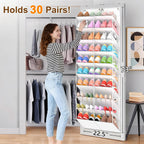 UVIAHOMI 20-30 Pairs Over the Door Shoe Organizer, Clear Pockets Hanging Shoe Storage for Closet, 10-Tier Door Shoes Rack, Handing Shoes Holder Fit All the Family's Sneakers, Boots, Heels, White