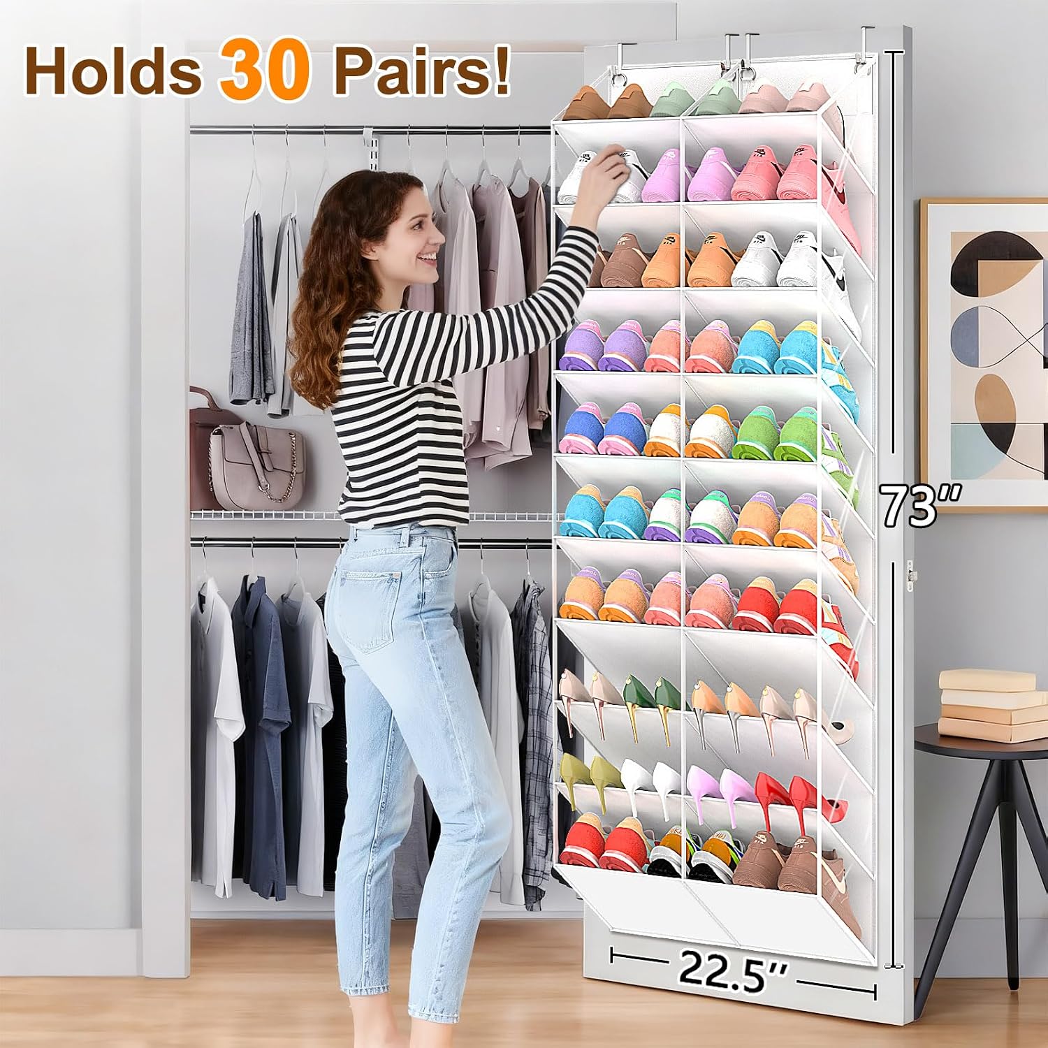 UVIAHOMI 20-30 Pairs Over the Door Shoe Organizer, Clear Pockets Hanging Shoe Storage for Closet, 10-Tier Door Shoes Rack, Handing Shoes Holder Fit All the Family's Sneakers, Boots, Heels, White