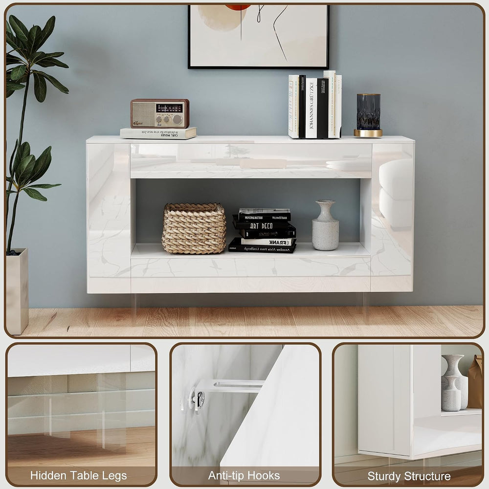 47" High Gloss Console Table with Hidden Side Storage, White | Modern en...