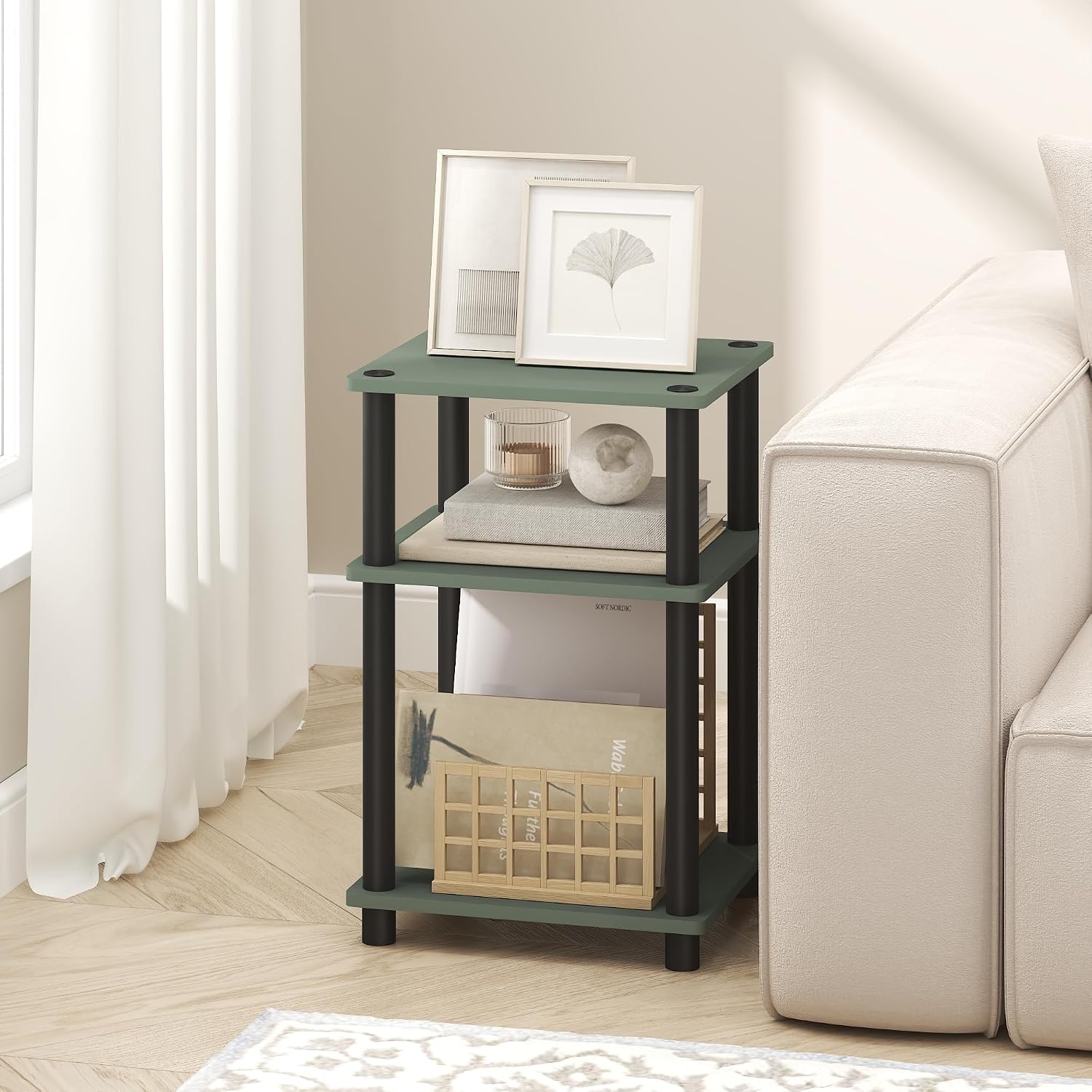 Furinno JUST Side Table, 3-Tier End Table, Open Shelves Night Stand, Bedside Table, Toolless Assembly, for Living Room, Bedroom, Bathroom, Sage Green