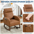 GarveeHome Leather Glider Chair, Modern Rocking Chair, Nursery Faux Leather Glider Chair with Rubber Wood Legs and Side Pocket, Rocking Accent Armchair for Living Room, Bedroom, Brown