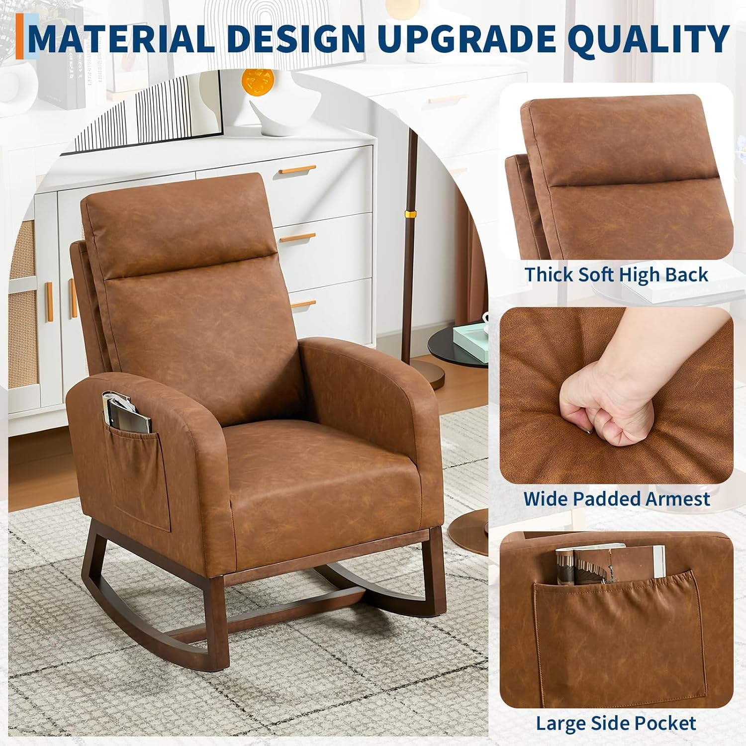 GarveeHome Leather Glider Chair, Modern Rocking Chair, Nursery Faux Leather Glider Chair with Rubber Wood Legs and Side Pocket, Rocking Accent Armchair for Living Room, Bedroom, Brown