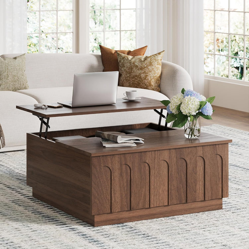 FORTUNETEC 31.5" Lift Top Coffee Table with Storage, Arched Design, Walnut