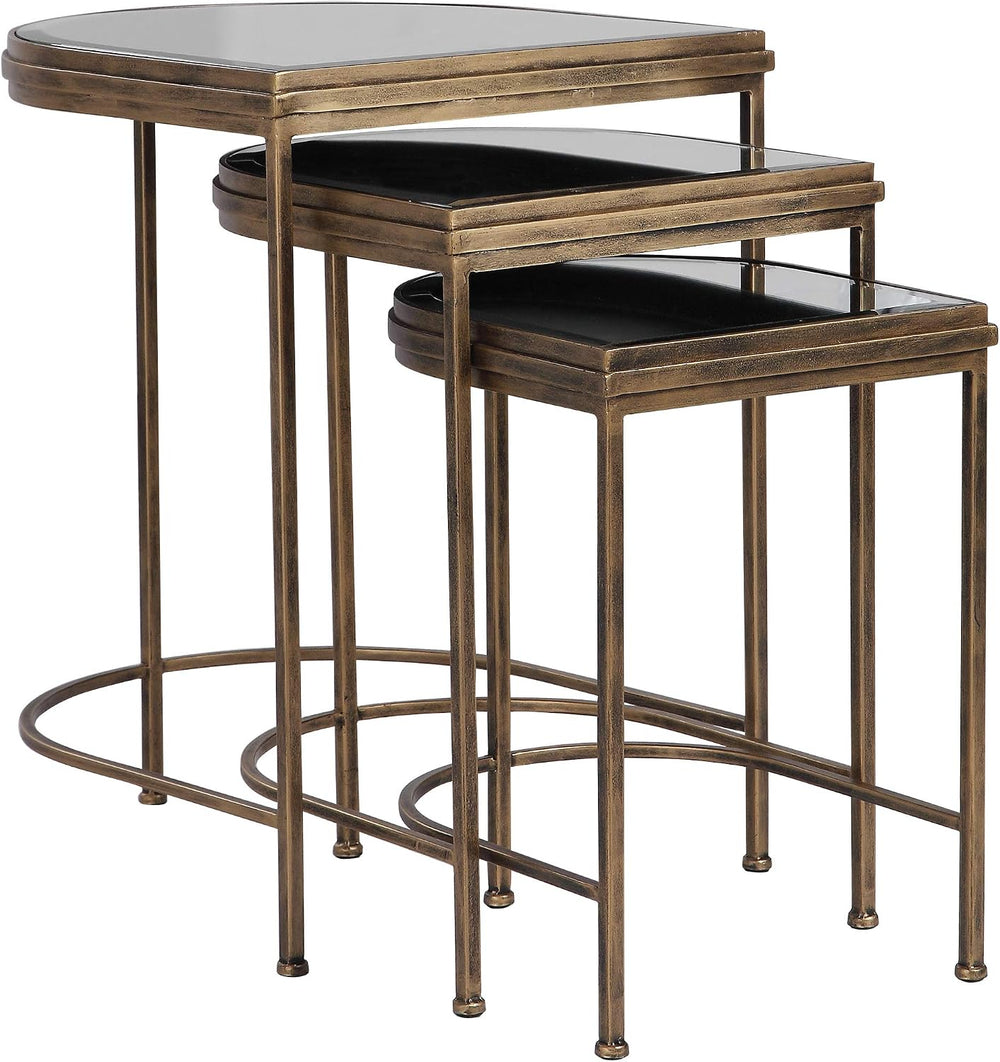 Elegant Demilune Half Oval Nesting Table Set 3 Modern Bronze Metal Mirror Top