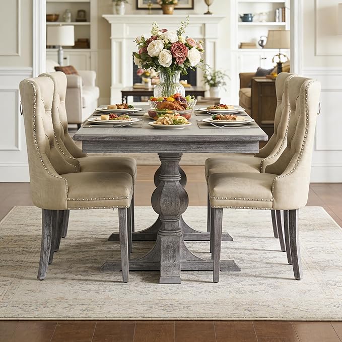Kiztir Leather Dining Chairs Set of 4, Upholstered Dining Chair with Nailhead Trim and Solid Wood Legs, Luxury Wingback Dining Side Chair for Living Room, Bedroom, Kitchen (Beige)