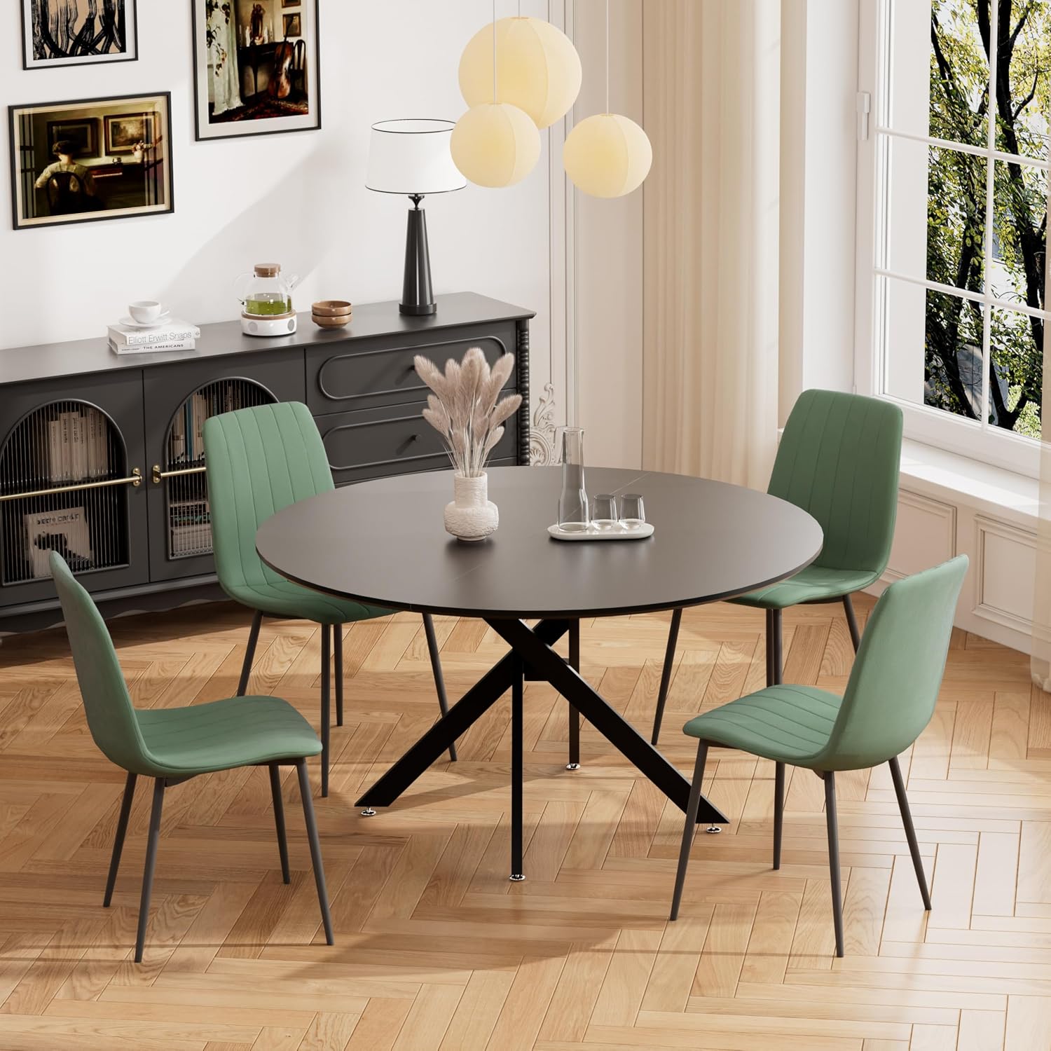 RGZ 47" Round Dining Table Set for 4, 5 PCS Modern Wooden Black Circle Kitchen Table with Steel Legs & 4 Green Velvet Upholstered Chairs for Dining Room, Living Room, Kitchen