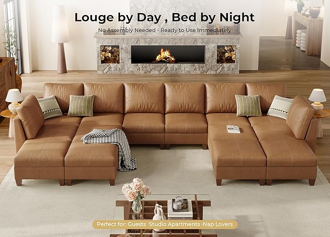 SITJOY 172" Faux Leather Modular Sectional Sofa with Storage, Mid Century Modern Sectional Couches for Living Room, Soft Padded Armrests, Oversized 14 Seat U Shaped Couch with Chaise, Brown