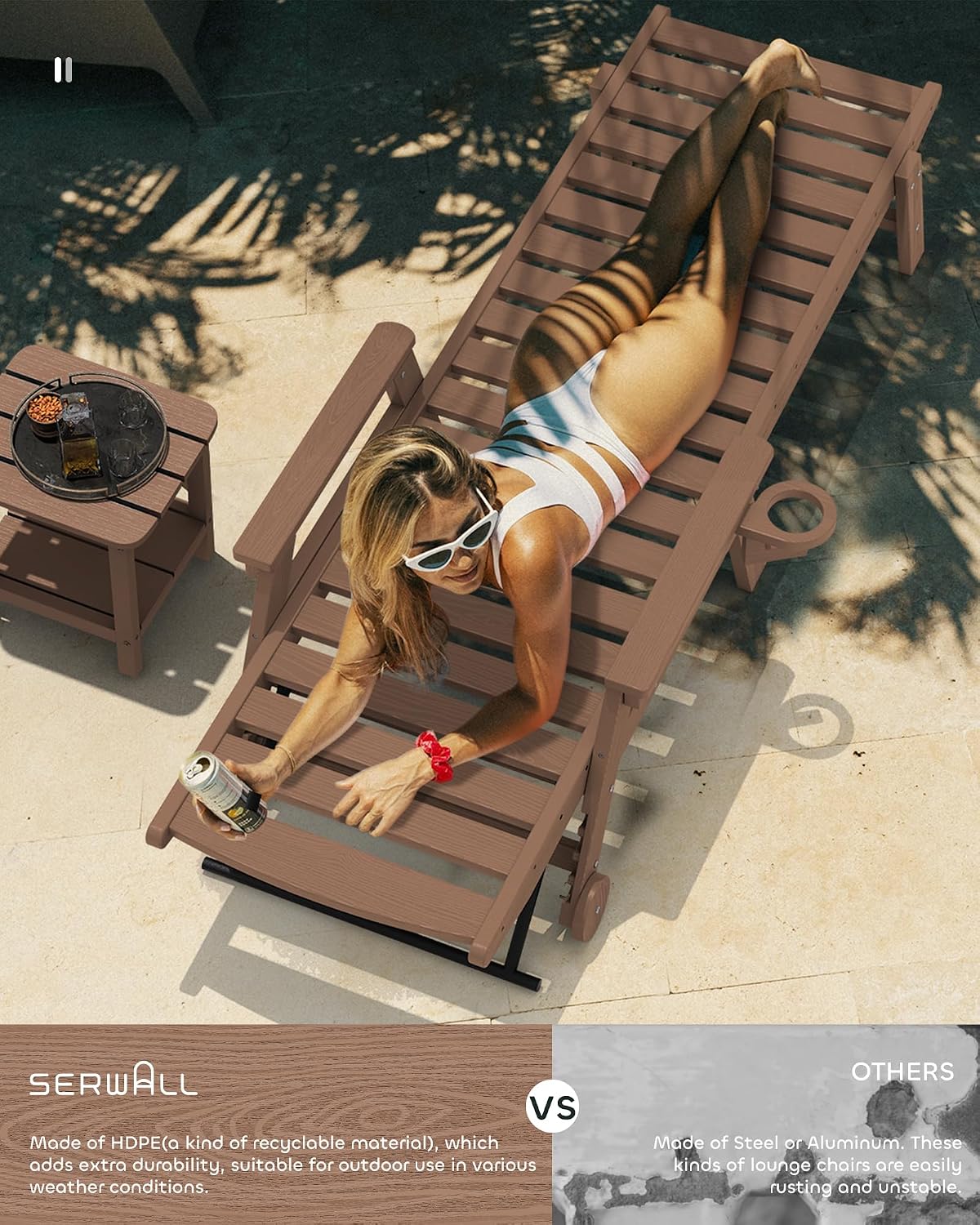 SERWALL HDPE Outdoor Lounge Chair Set of 4 with Cup Holder, Brown | with 5 Position Adjustable Backrest & Rolling Wheels