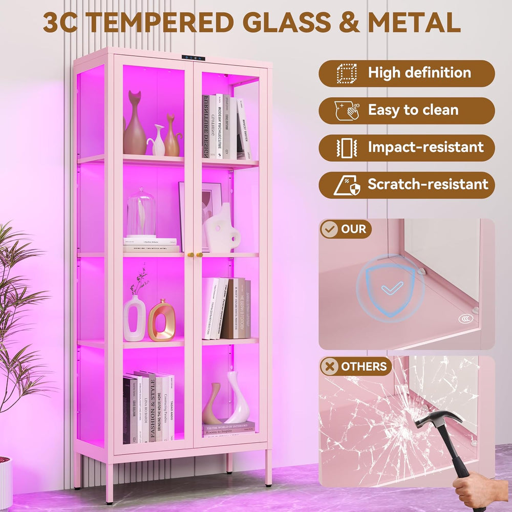 Polup Glass Display Cabinet with Glass Doors, Metal Curio Cabinet with 8-Colo...