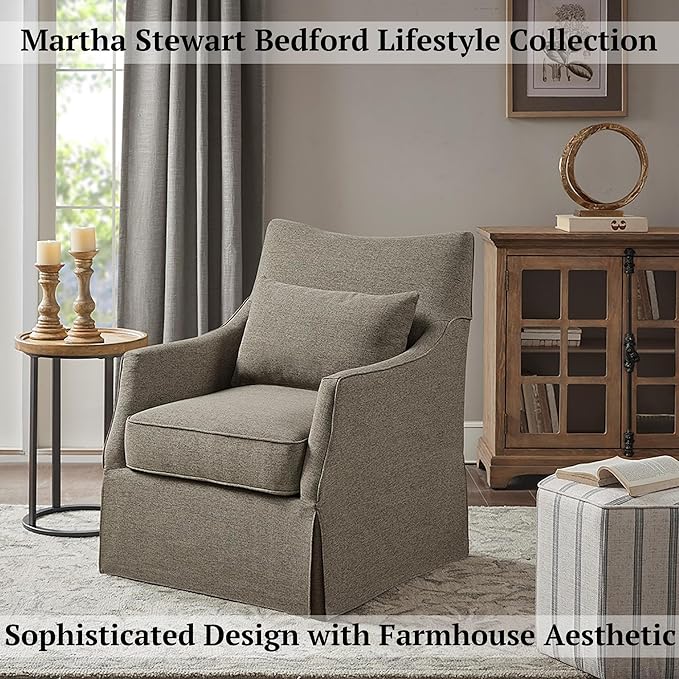 Martha Stewart London Swivel Chair - Solid Wood & Plywood, Skirted Metal Base Accent Armchair, Lumbar Pillow -Modern Classic Family Room Sofa Furniture Bedroom Lounge, 28"X31.5"X35.25", Tan Multi