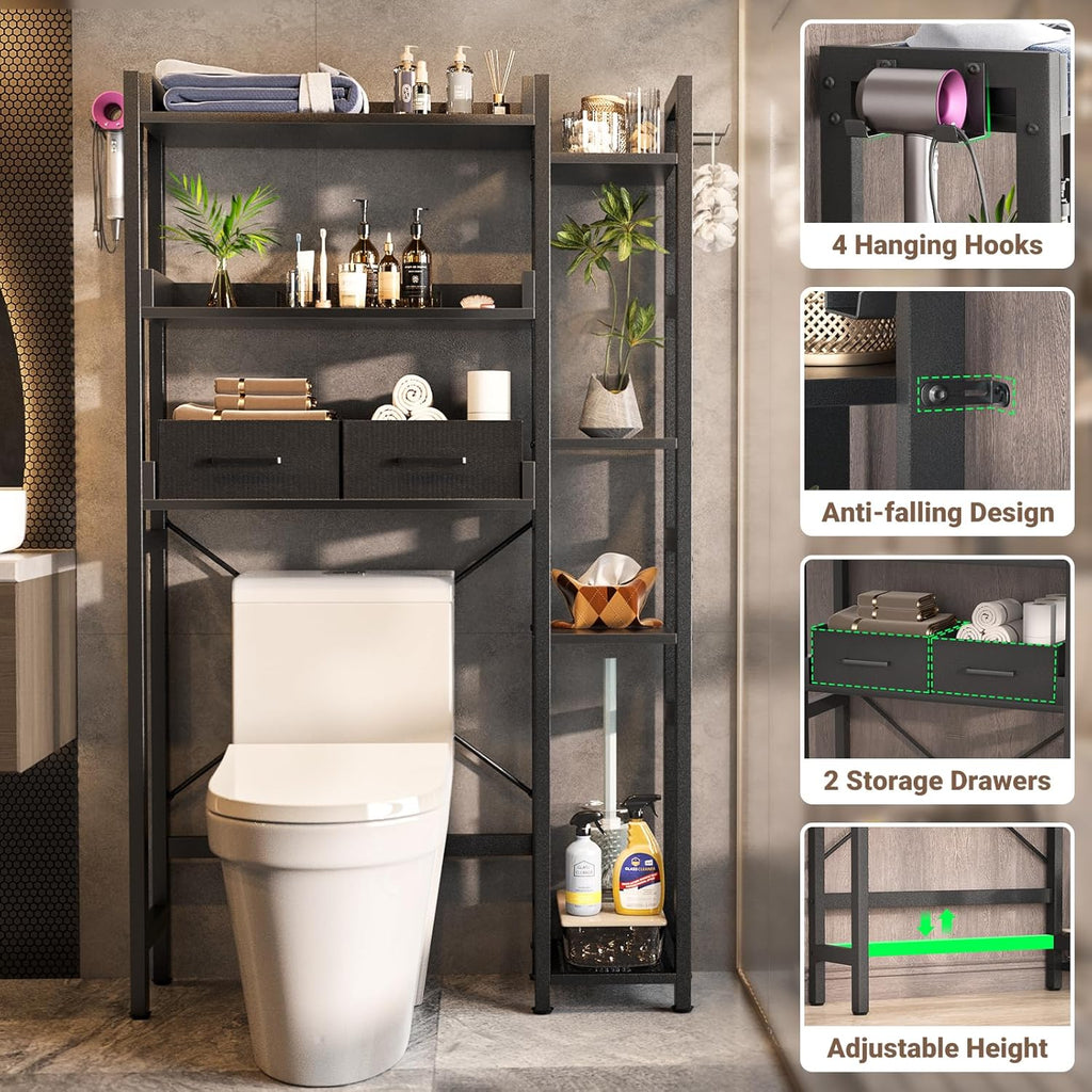 Over The Toilet Storage with 2 Drawers - 7 Tier Bathroom Organizer with Adjustable Shelf, Freestanding Space Saver Storage Rack Above Toilet Stand with 4 Hooks for Restroom, Laundry, Black