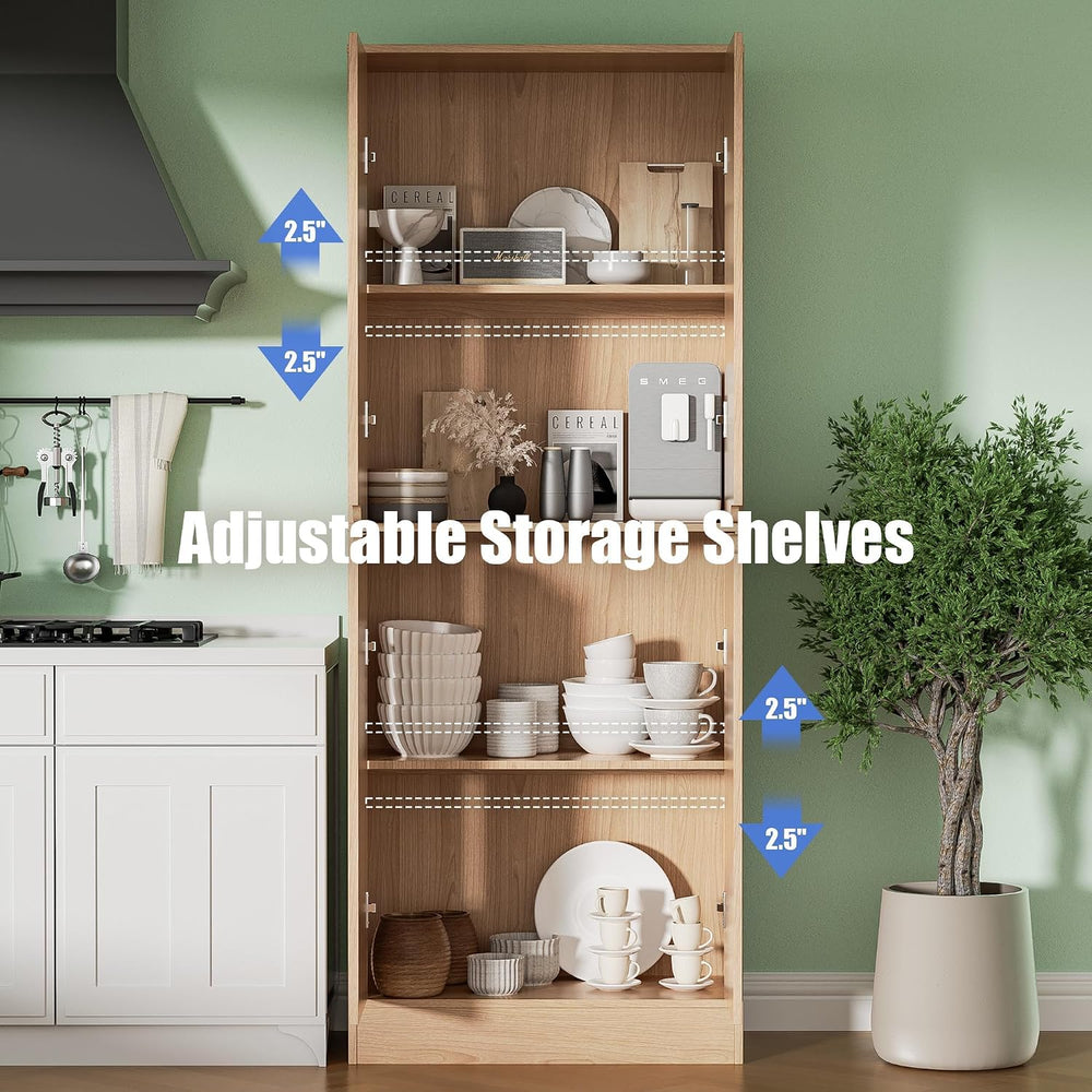 Housoul 71" Tall Kitchen Pantry Cabinet with 4 Doors, Oak | Pantry Stora...