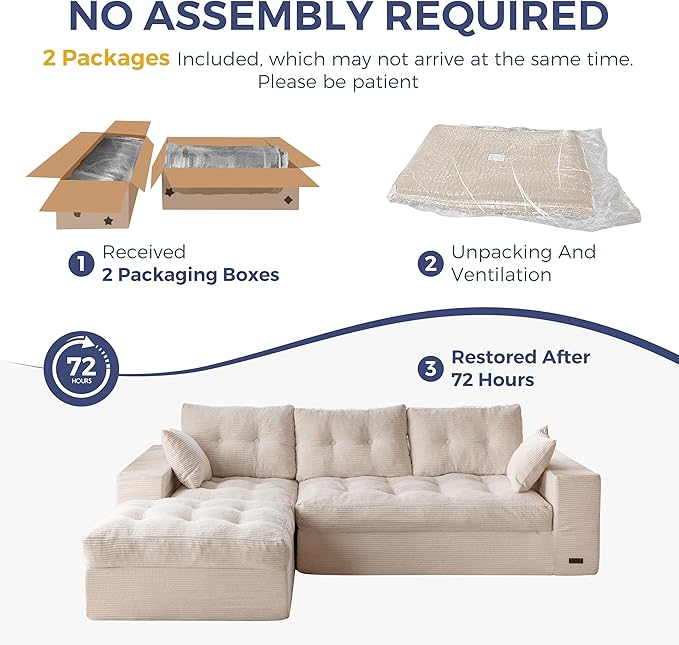 MAXYOYO 104" L Shaped Modular Sectional Sofa with Ottoman, Cloud Boneless Couch with Layered Cushion, Upholstered Sofa in a Box, Flexible Module Combination for Living Room, No Assembly, Beige