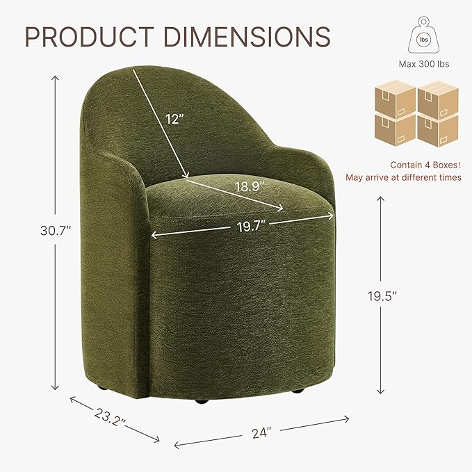 Upholstered Dining Chairs with Casters, No Assembly Modern Dining Room Chairs Accent Vanity Chair with 5 Wheels & Round Backrest for Bedroom, Living Room, Dressing, Green Fabric, Set of 4