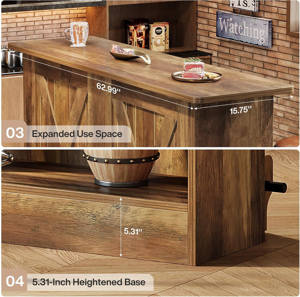 Tribesigns 63'' Bar Table, 2-Tier Bar Cabinet Pub Table with Footrest | Modern Coffee Cabinet for Home Kitchen, Bar Height Table for Bistro, Dining Room, Living Room (1, Brown)