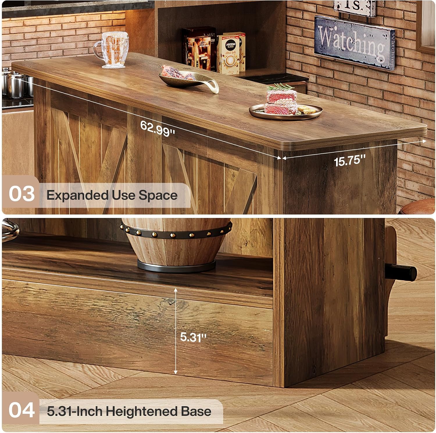 Tribesigns 63'' Bar Table, 2-Tier Bar Cabinet Pub Table with Footrest | Modern Coffee Cabinet for Home Kitchen, Bar Height Table for Bistro, Dining Room, Living Room (1, Brown)