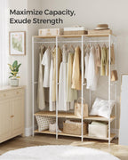 SONGMICS Clothes Rack, Iron and Wood Wardrobe Closet Organizer, Heavy Duty Garment Rack with Hanging Rods, Closet Shelves, Removable Hooks, 15.7 x 55.5 x 70.9 Inches, Natural Beige URGR005W67