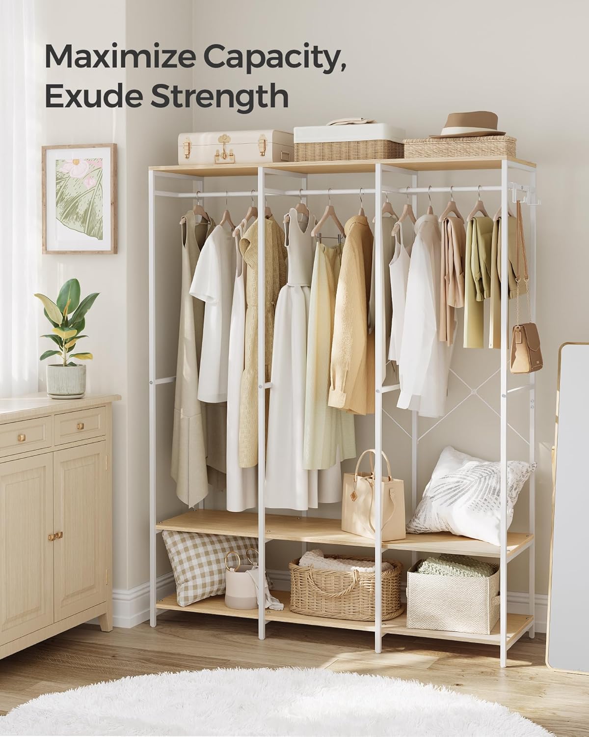 SONGMICS Clothes Rack, Iron and Wood Wardrobe Closet Organizer, Heavy Duty Garment Rack with Hanging Rods, Closet Shelves, Removable Hooks, 15.7 x 55.5 x 70.9 Inches, Natural Beige URGR005W67