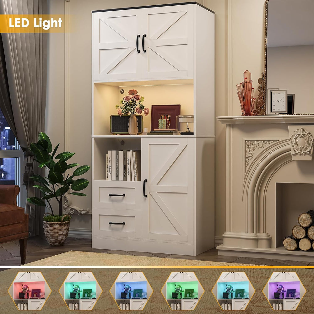 Kitchen Pantry Storage Cabinet with LED Lights and Power Strip, Tall Farmhous...