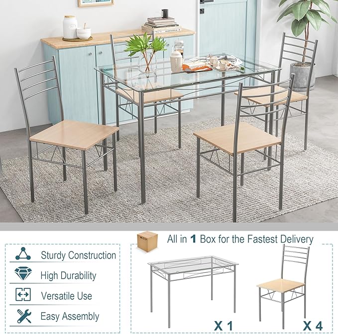 Giantex 5 Piece Dining Table Set, Kitchen Dining Set with Tempered Glass Table Top and 4 Chairs, Dinette Set for 4 for Breakfast Nook Dining Room Kitchen (Transparent)