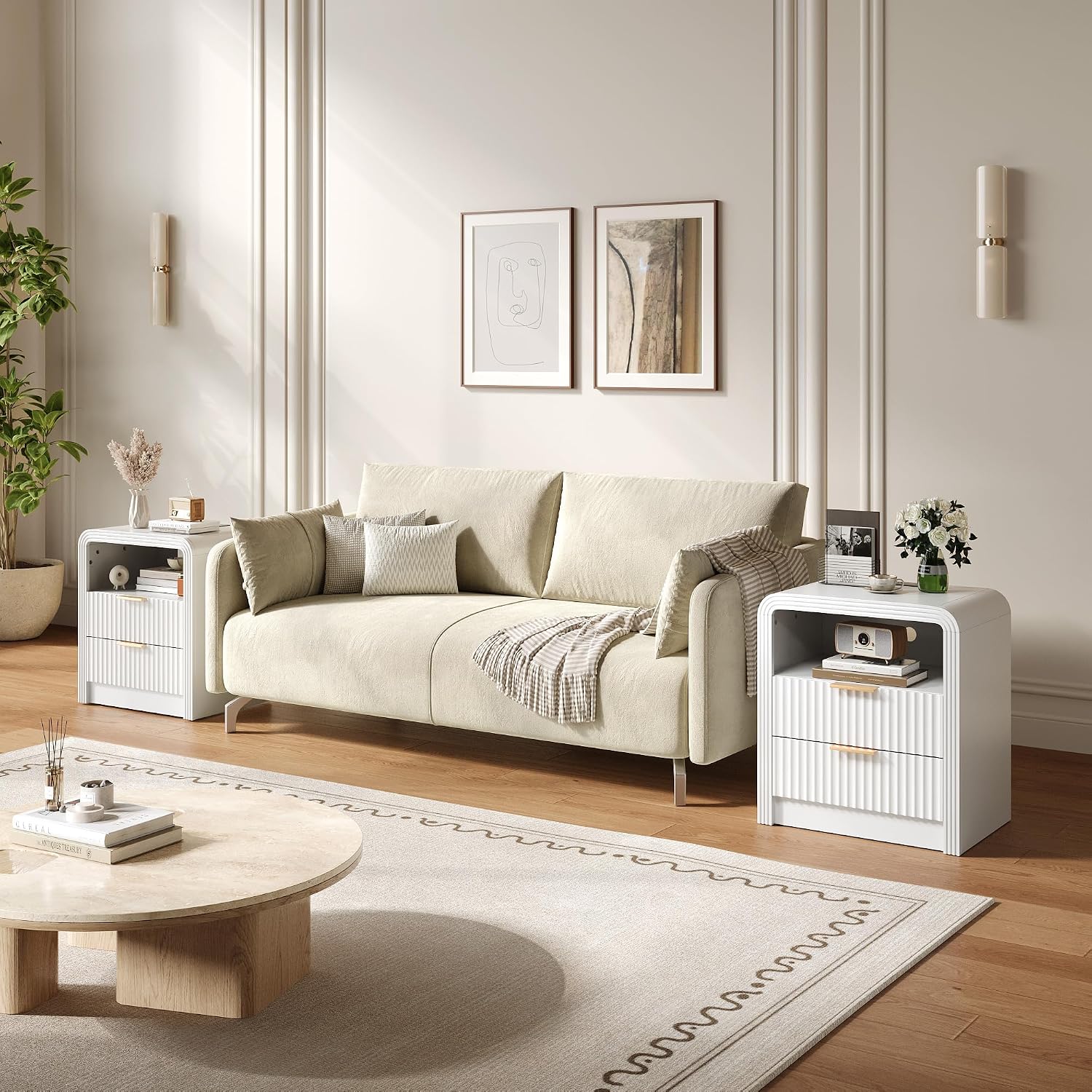 Decofy Fluted 2-Drawer Nightstand Set of 2 with Charging Station, White | Open Shelf, USB and Type C Ports, Curved Profile, Gold Handles, 19.7'' Wood Bedside Table