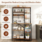 GRUSIGN Kitchen Bakers Rack with Storage, 6-Tier Coffee Bar Station with Power Outlet, Microwave Stand with 12 S-Shaped Hooks, Open Kitchen Storage Shelves for Spices, Pots and Pans, Rustic Brown
