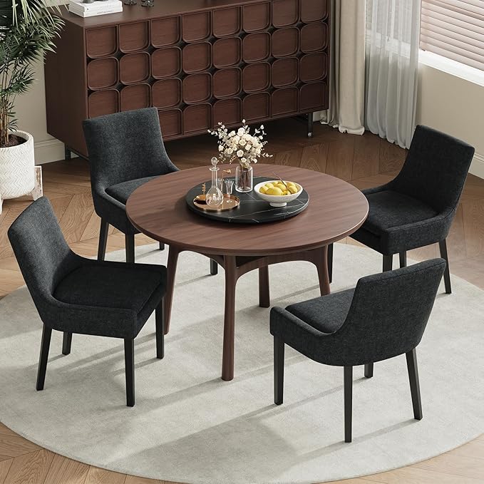 Modern Dining Chairs Set of 4, Upholstered Corduroy Dining Room Chairs with Wood Legs, Mid-Back Padded Kitchen Side Chairs for Dining Room, Black